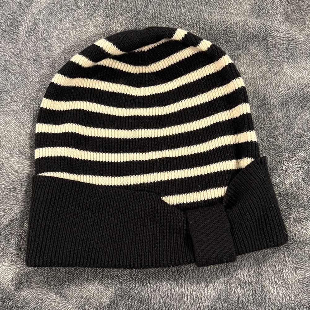 Kate Spade Black and Cream Striped Beanie